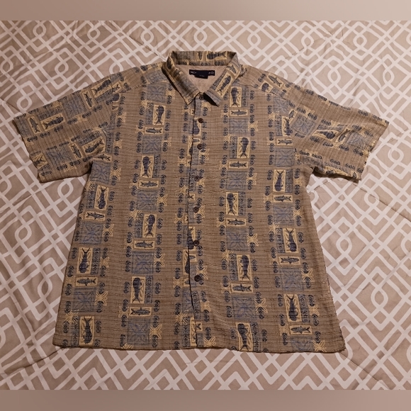 Exofficio Men's Medium Tan Blue Hawaiian Fishing S/S Button Down Vented Shirt - Picture 3 of 11